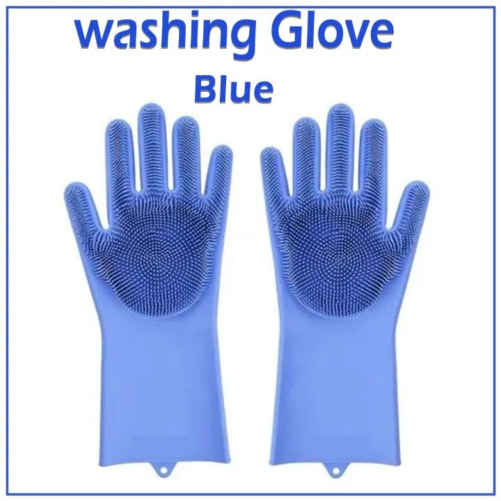 Magic Dish Washing Gloves with Scrubber – Silicone Reusable Cleaning Gloves (Blue)