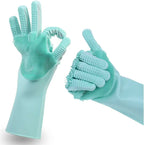 Magic Dish Washing Gloves with Scrubber – Silicone Reusable Cleaning Gloves (Blue)