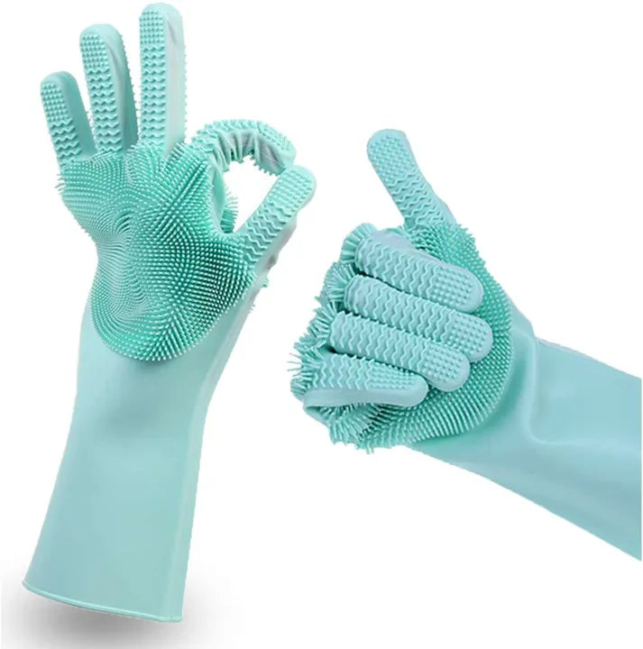 Magic Dish Washing Gloves with Scrubber – Silicone Reusable Cleaning Gloves (Blue)